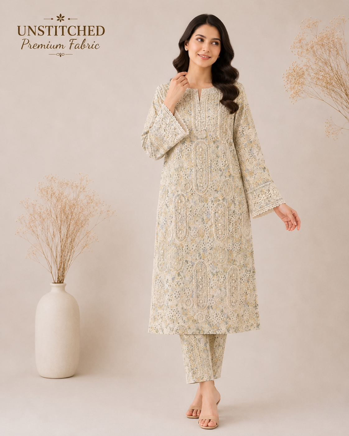 Premium Chikankari Lawn Shirt Fabric (Green)